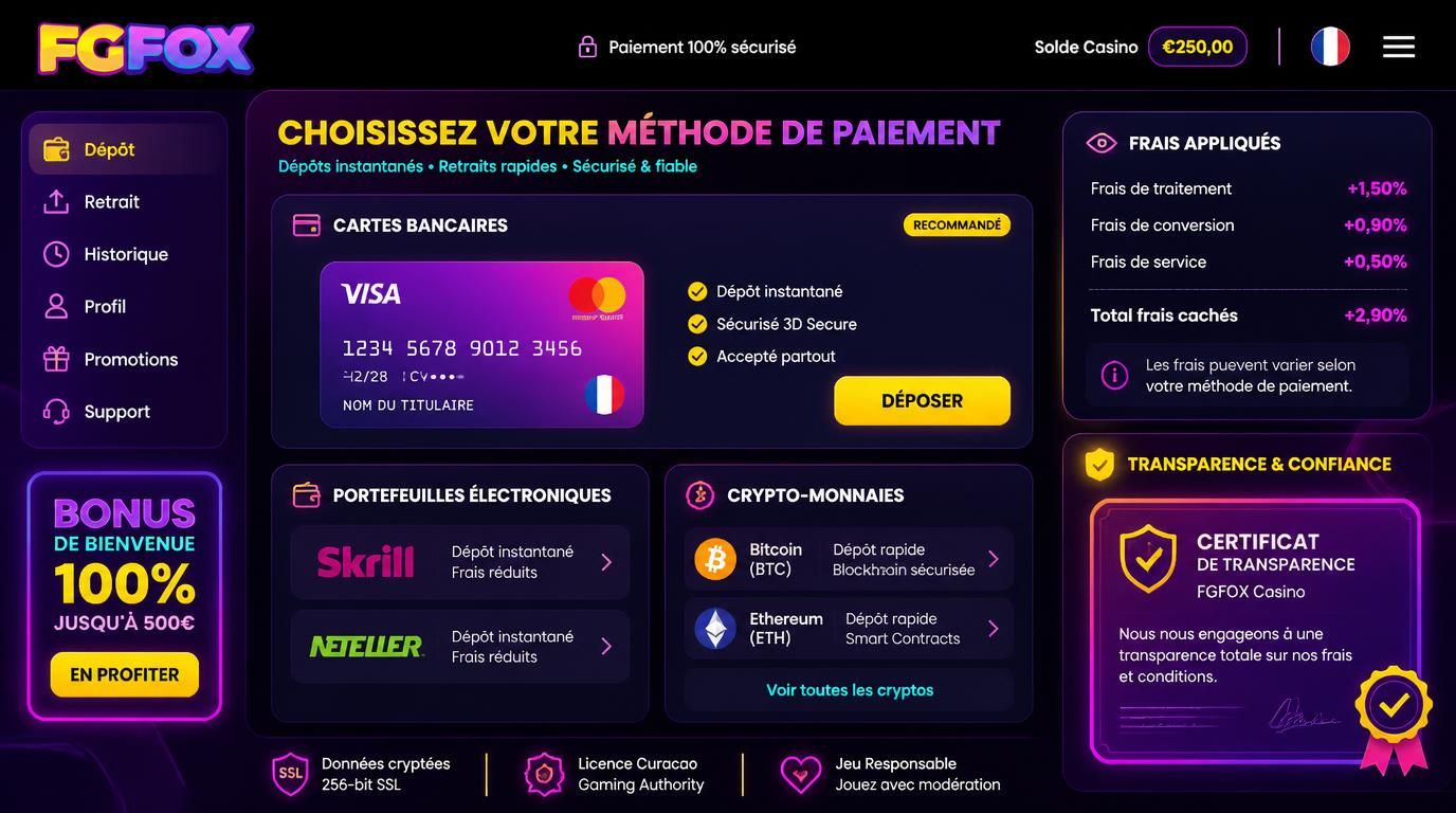 Interface montrant diverses méthodes de dépôt et transparence financière